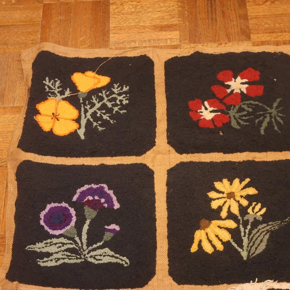 Vintage Hand-Hooked Floral Rug 56x35 Primitive Cottage Core Area Mat